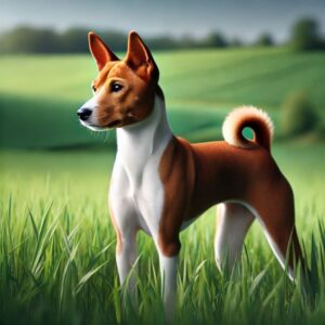 Een Basenji-hond staat alert in een grasveld en toont zijn gladde vacht en gekrulde staart.