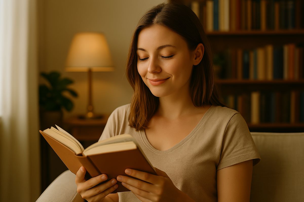 Een persoon die ontspannen een boek leest in een sfeervolle omgeving.