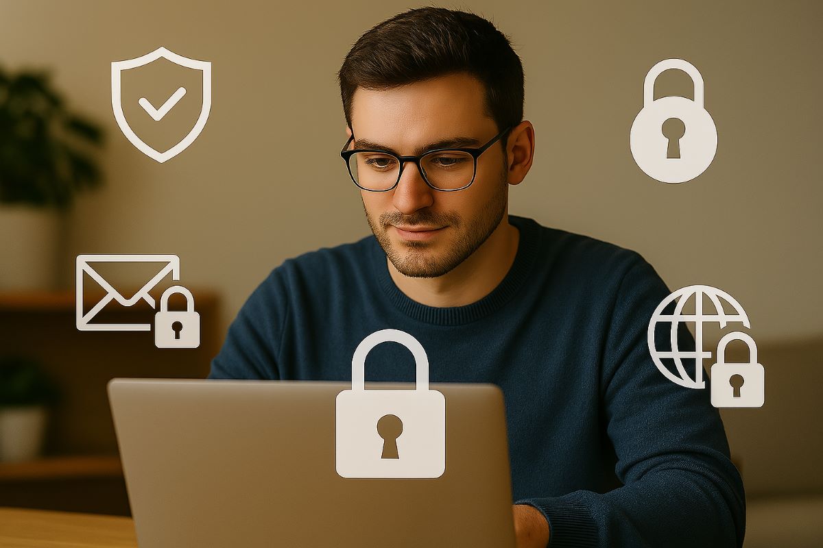 Een persoon die veilig surft op het internet, omringd door digitale beveiligingsicoontjes.