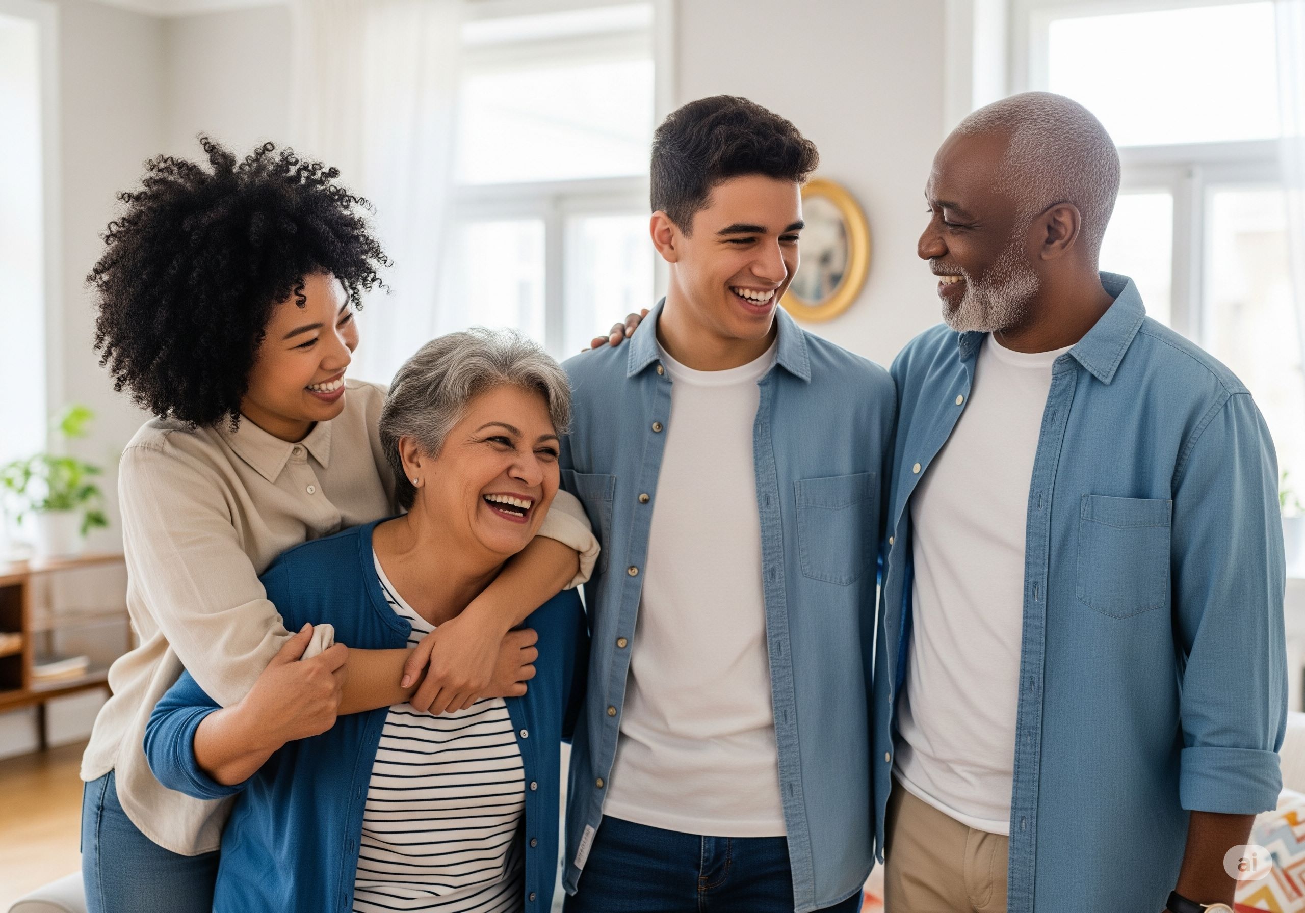 Een diverse groep mensen van verschillende leeftijden, die een familie voorstellen, lachend en warm met elkaar omgaand in een lichte, uitnodigende woonkamer.