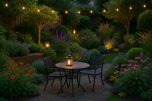 Een sfeervolle tuin met diverse planten en sfeerverlichting.