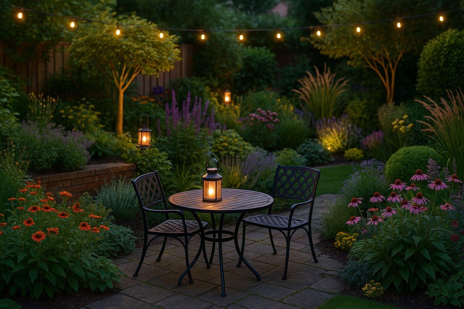Een sfeervolle tuin met diverse planten en sfeerverlichting.