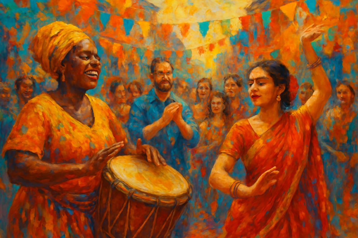 Een levendige culturele scène met mensen die tradities en kunst vieren