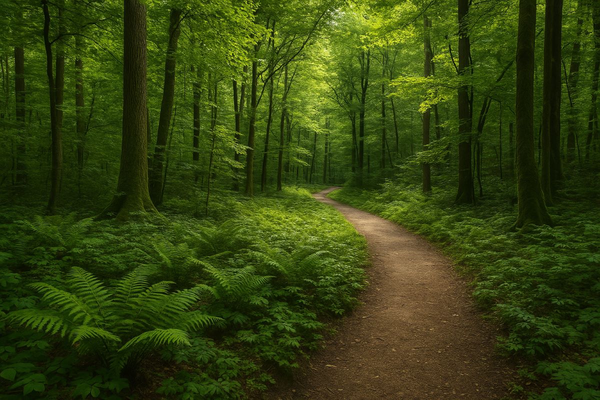 Een groene leefomgeving met duurzame elementen zoals inheemse planten en hergebruikte materialen.