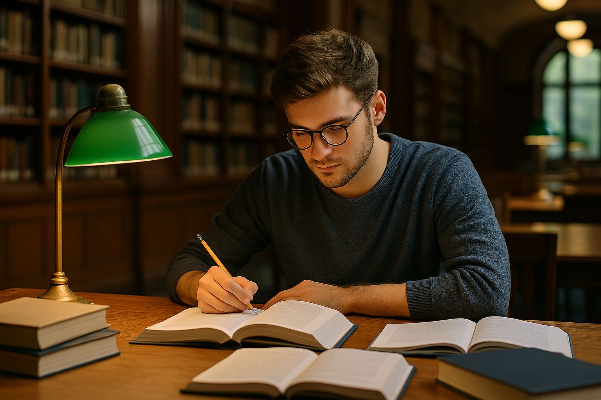Een student die geconcentreerd studeert in een georganiseerde ruimte met leerhulpmiddelen.