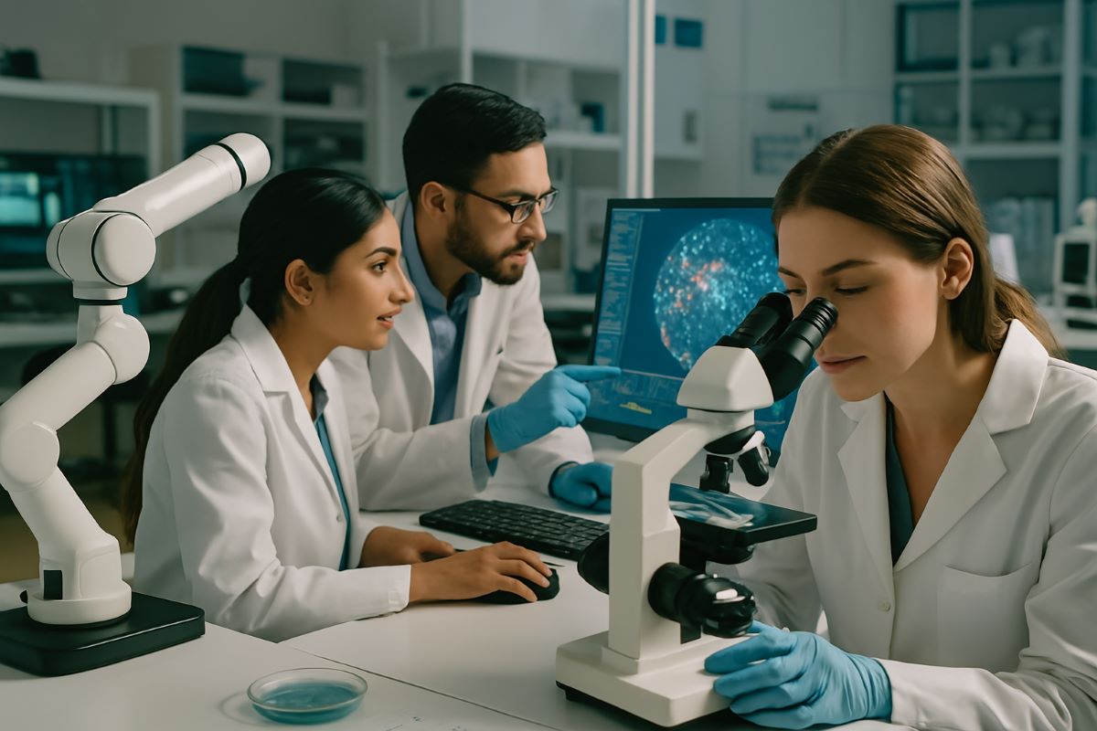 Een high-tech onderzoeksomgeving met wetenschappers en innovatieve apparatuur