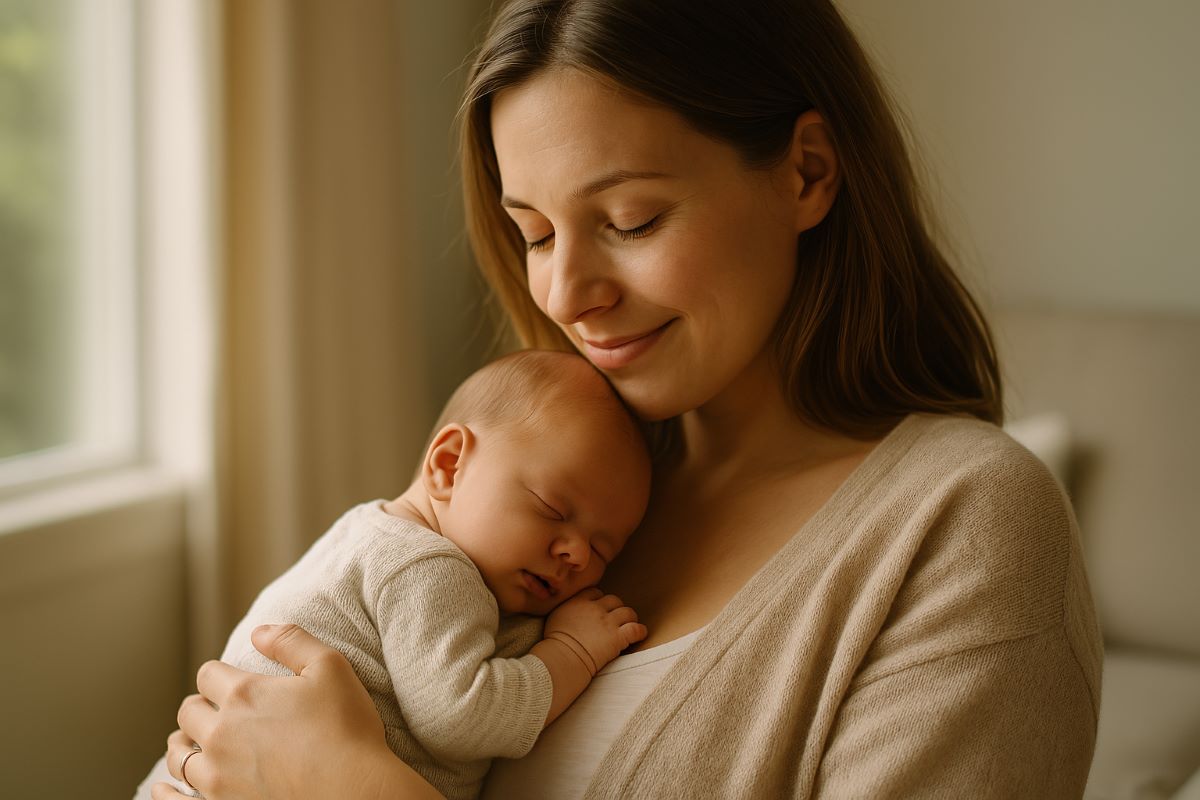 Een liefdevol moment tussen ouder en baby, met een warme en ontspannen sfeer.