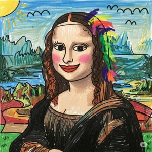 Kinderlijke tekening van de Mona Lisa met vrolijke kleuren en een glimlach.